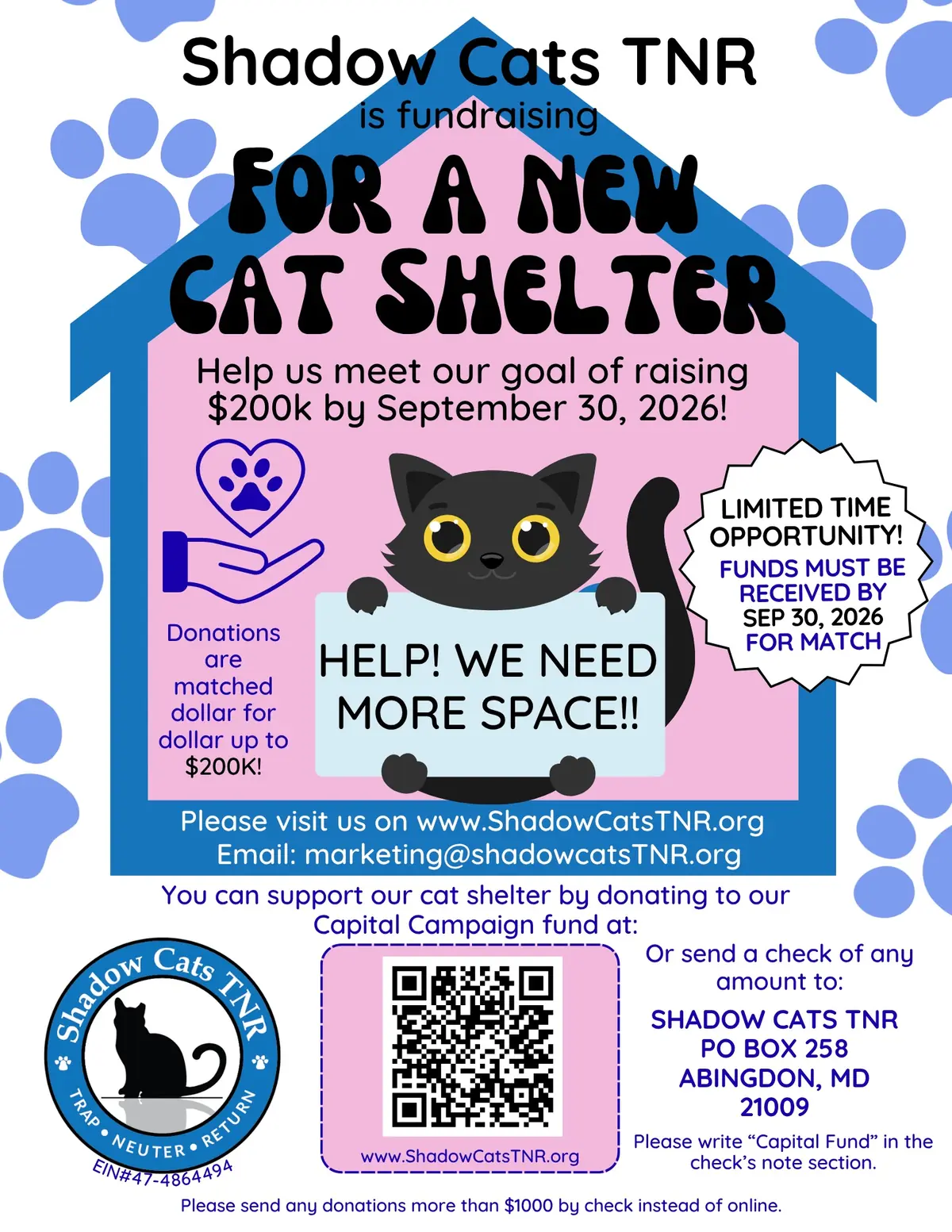 Shadow Cats TNR flyer announcing its campaign for a new cat shelter